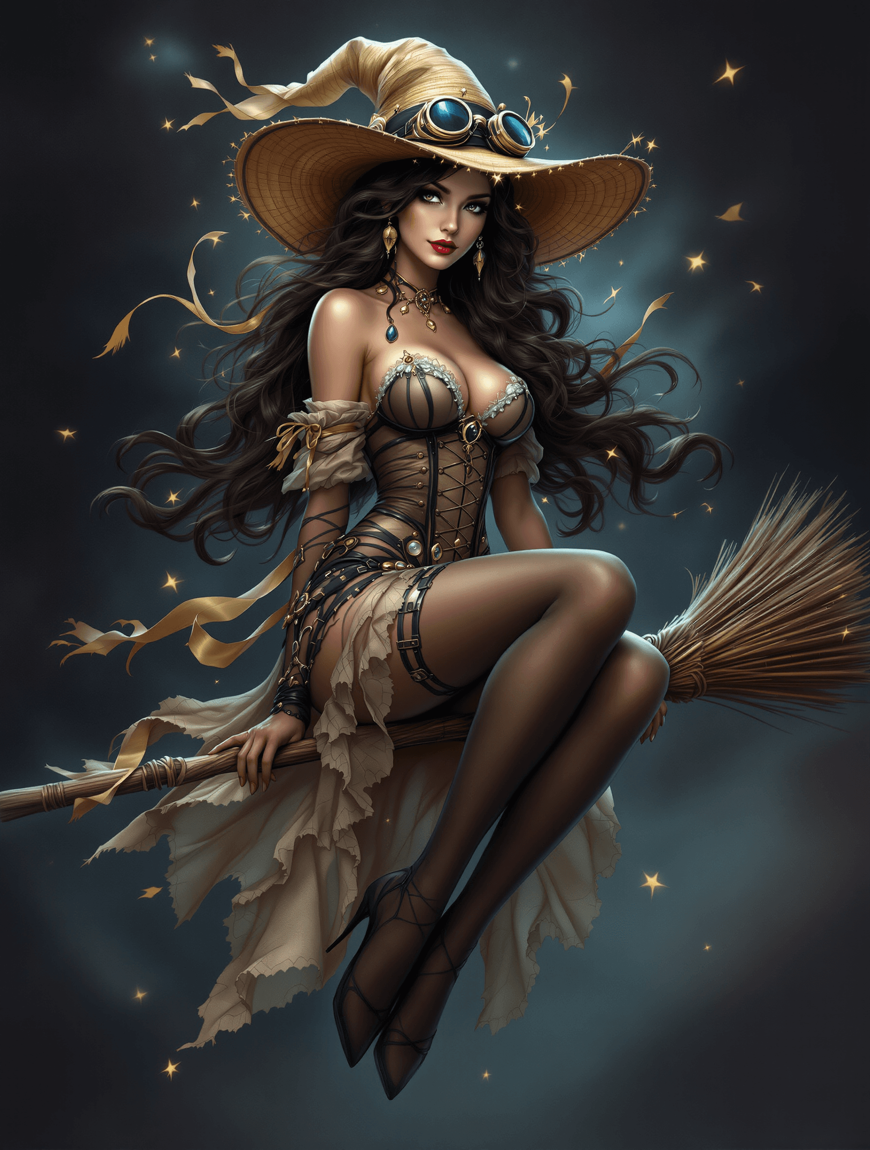 AI generated: [A **mesmerizing and intricately detailed drawing** of a **brunette witch**, exuding **elegance and ...