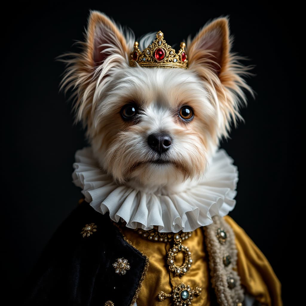 AI generated: high-resolution photograph, front, portrait, contrast, Yorkshire terrier, cute round face, pure whit...