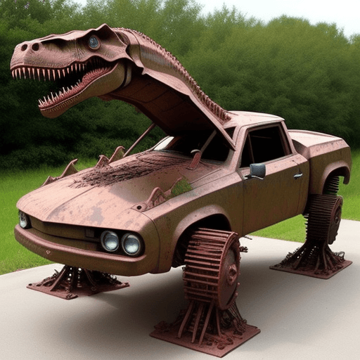 AI generated: Create a t rex made out of rusty car parts
