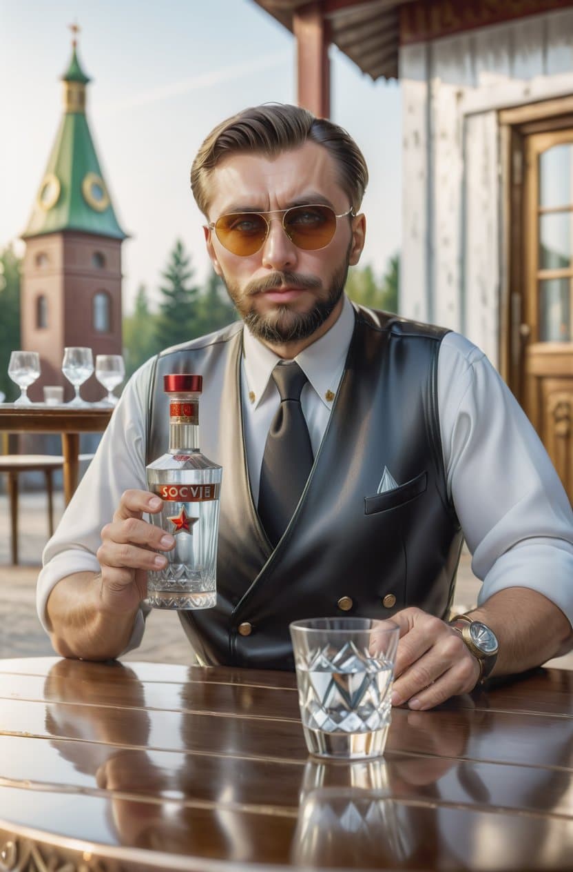 AI generated: (Men drink vodka from a faceted glass:1.2), (a bottle of vodka and faceted glasses on the table:1.2)...