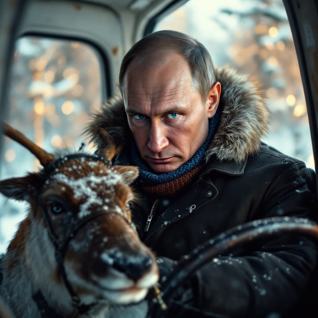 AI generated: Hyper realistic draw Vladimir putin with traveling inside a reindeer to Baiden's housecinematic, mas...