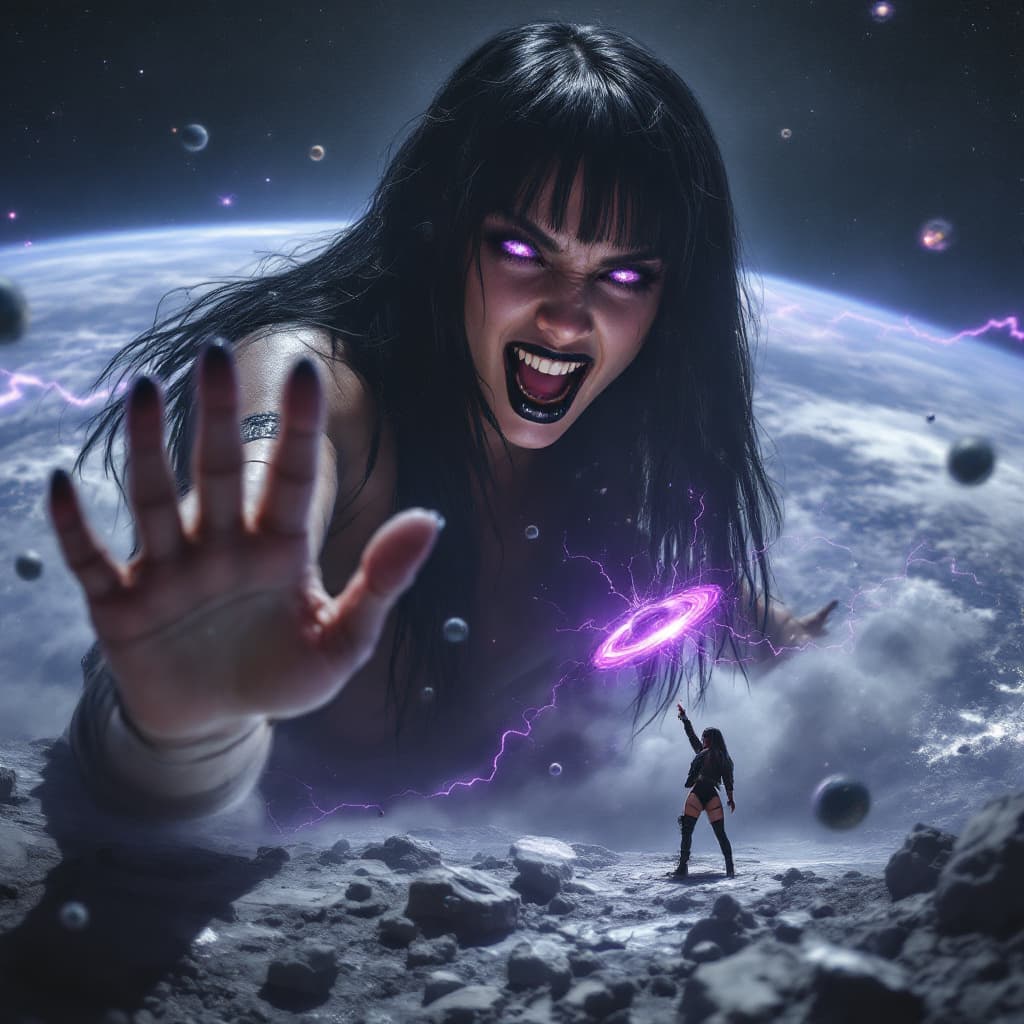 AI generated: enormous giantess female who looks exactly like WWE superstar 
 Rhea Ripley with black medium length...