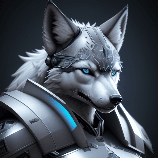 AI generated: realistic wolf nousr robot photography, front view, light blue eyes, highly detailed, silver and bla...