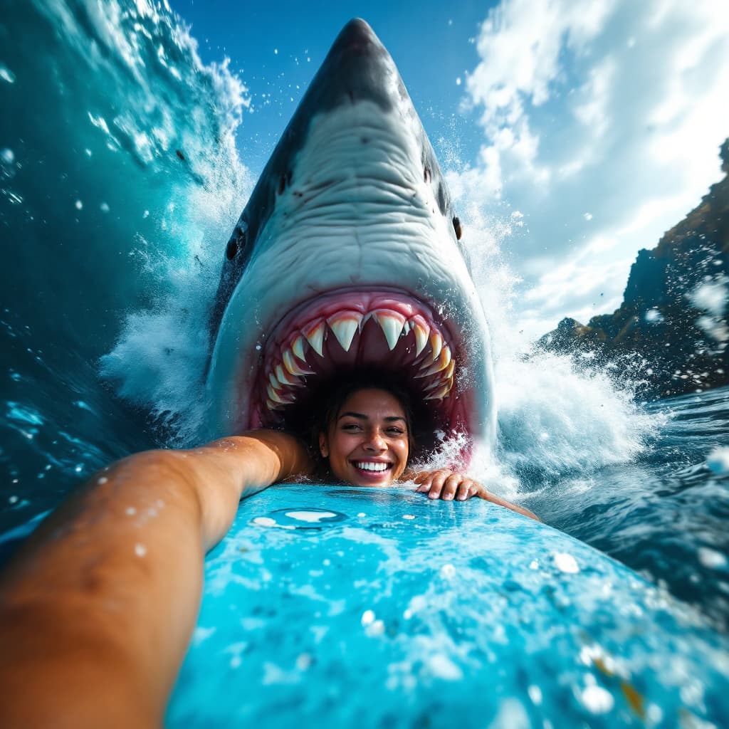 AI generated: Through the lens of the phone’s POV, a pretty female snaps a selfie as he lies on a wet surfboard, f...