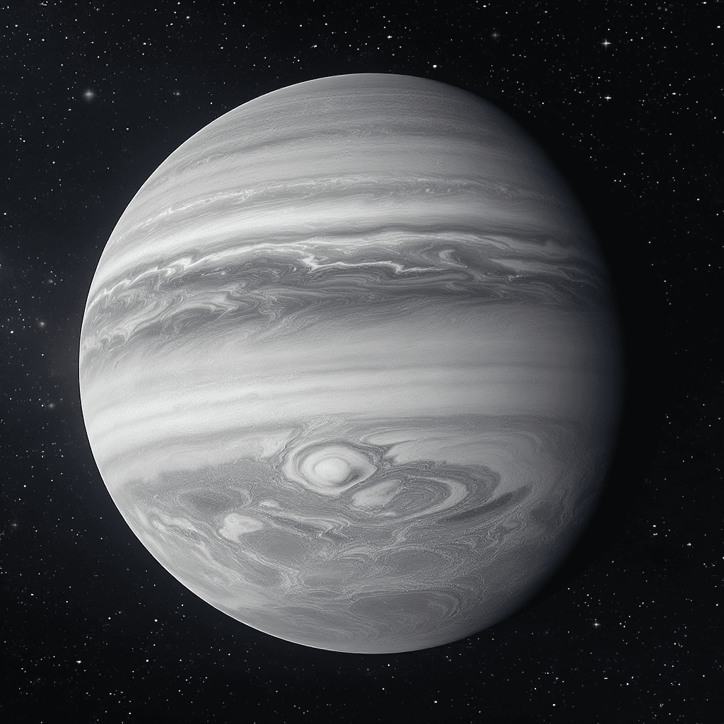 AI generated: a grey, White and black planet that has storms swirling and covering its entire surface floating in ...
