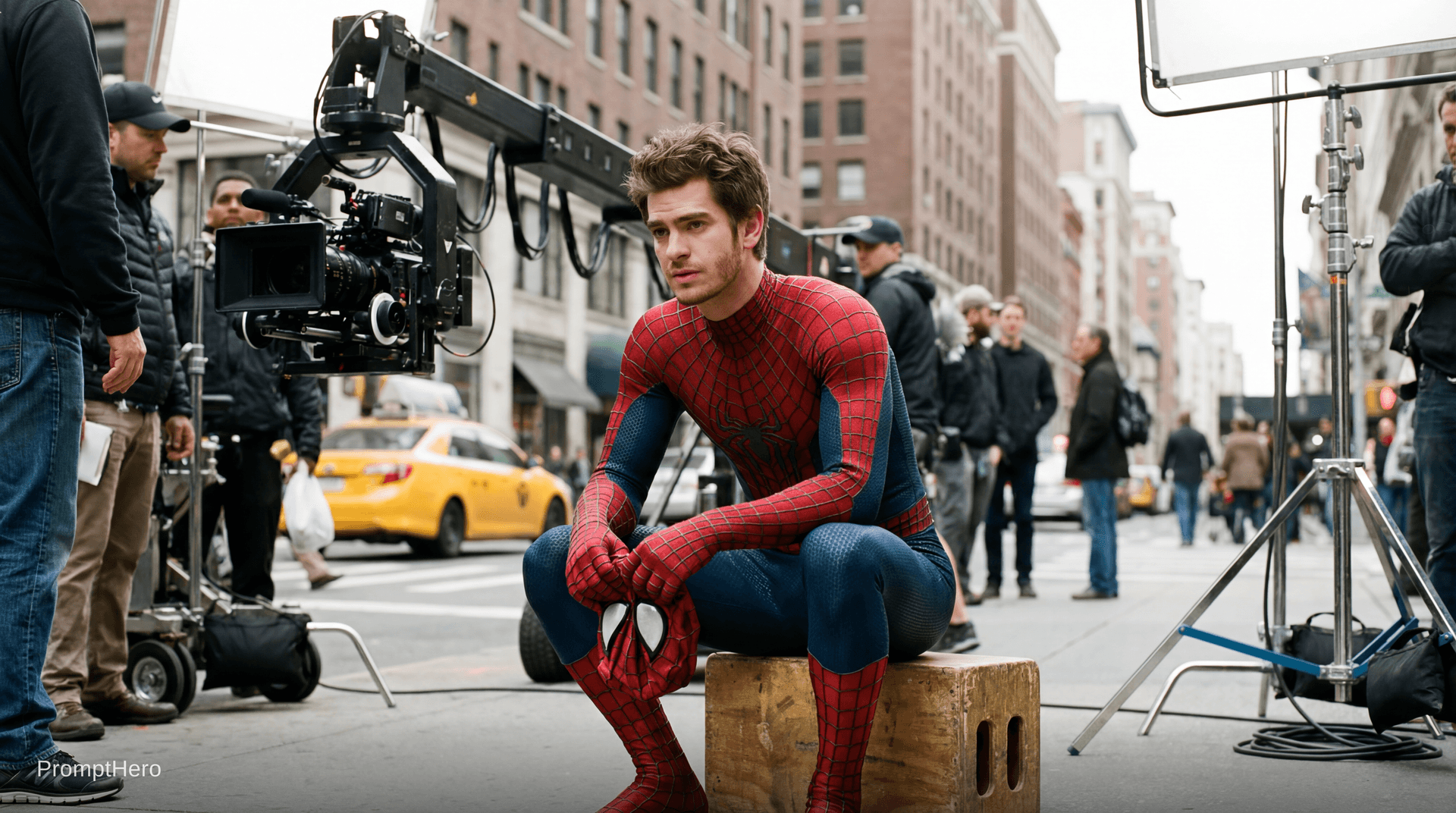 AI generated: ultra photorealistic behind-the-scenes movie set photograph, young male actor wearing a classic red ...