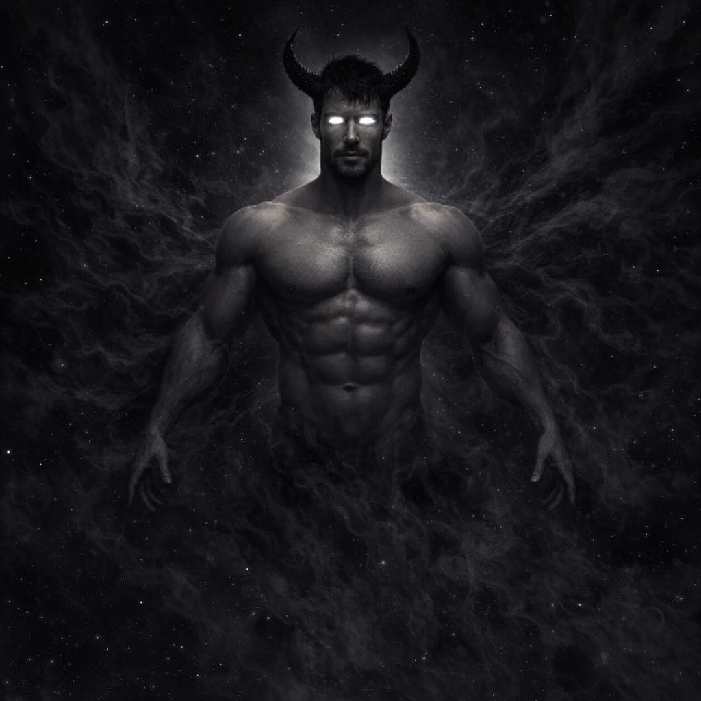 AI generated: turn this man into the god of the void and of nothingness have him floating in the void with no shir...