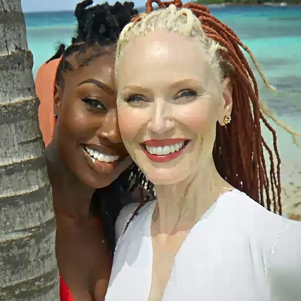 AI generated: Full-body shot of a two stunning smiling women - russian blond, spanish red - with toned physiques a...
