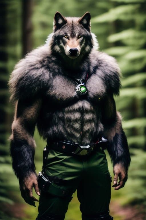 AI generated: fking_scifi_v2, werecreature, werewolf wolf, large head, (green eyes), standing in a forest, toolbel...