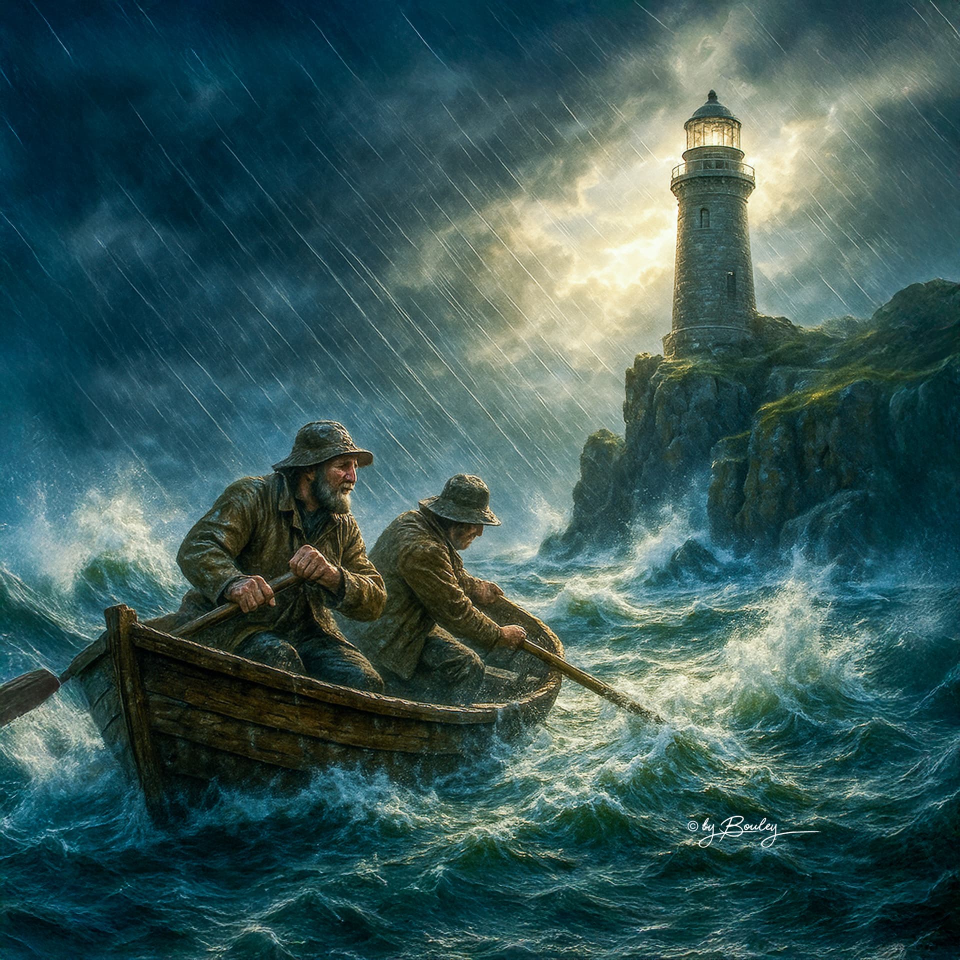 AI generated: A hyper-realistic, digital fine art painting of two fishermen in a wooden rowboat battling rough chu...