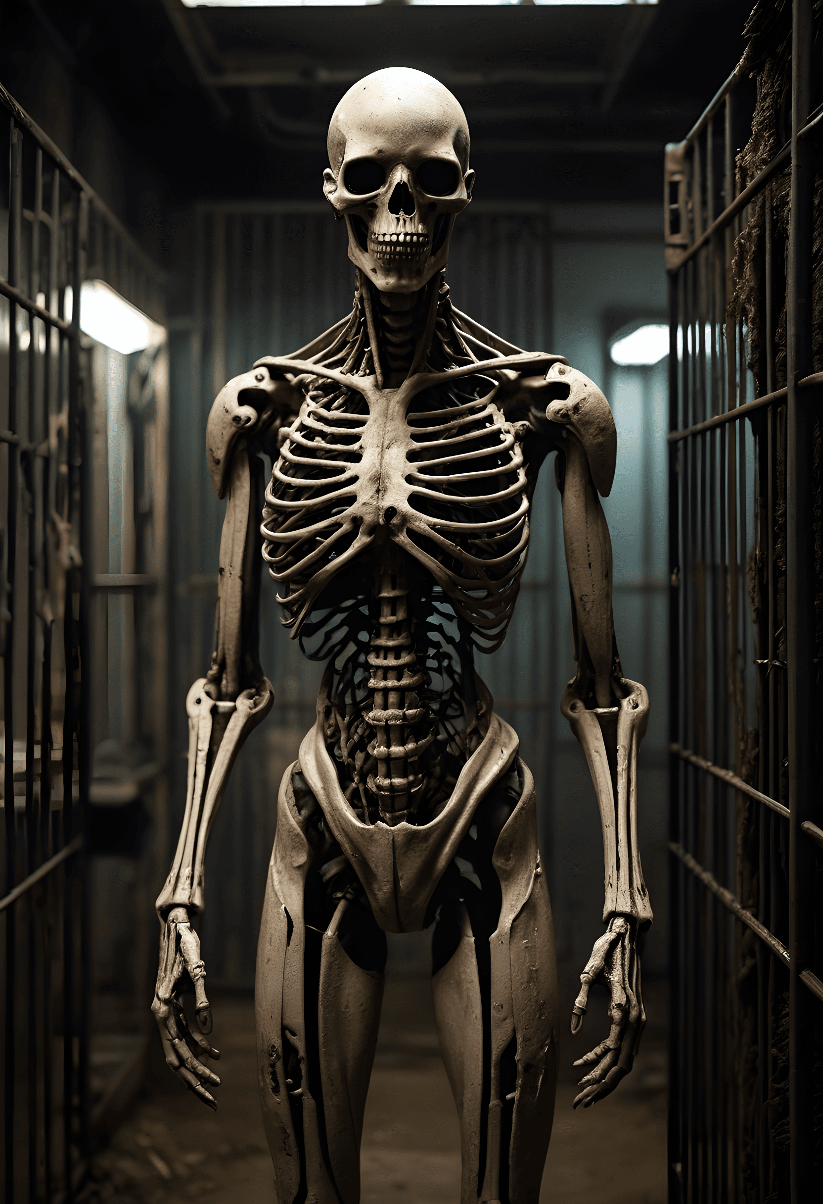 AI generated: Ribcage visible, matted fur and dirt crusted on thinning skin, skeletal yet muscle still clinging to...