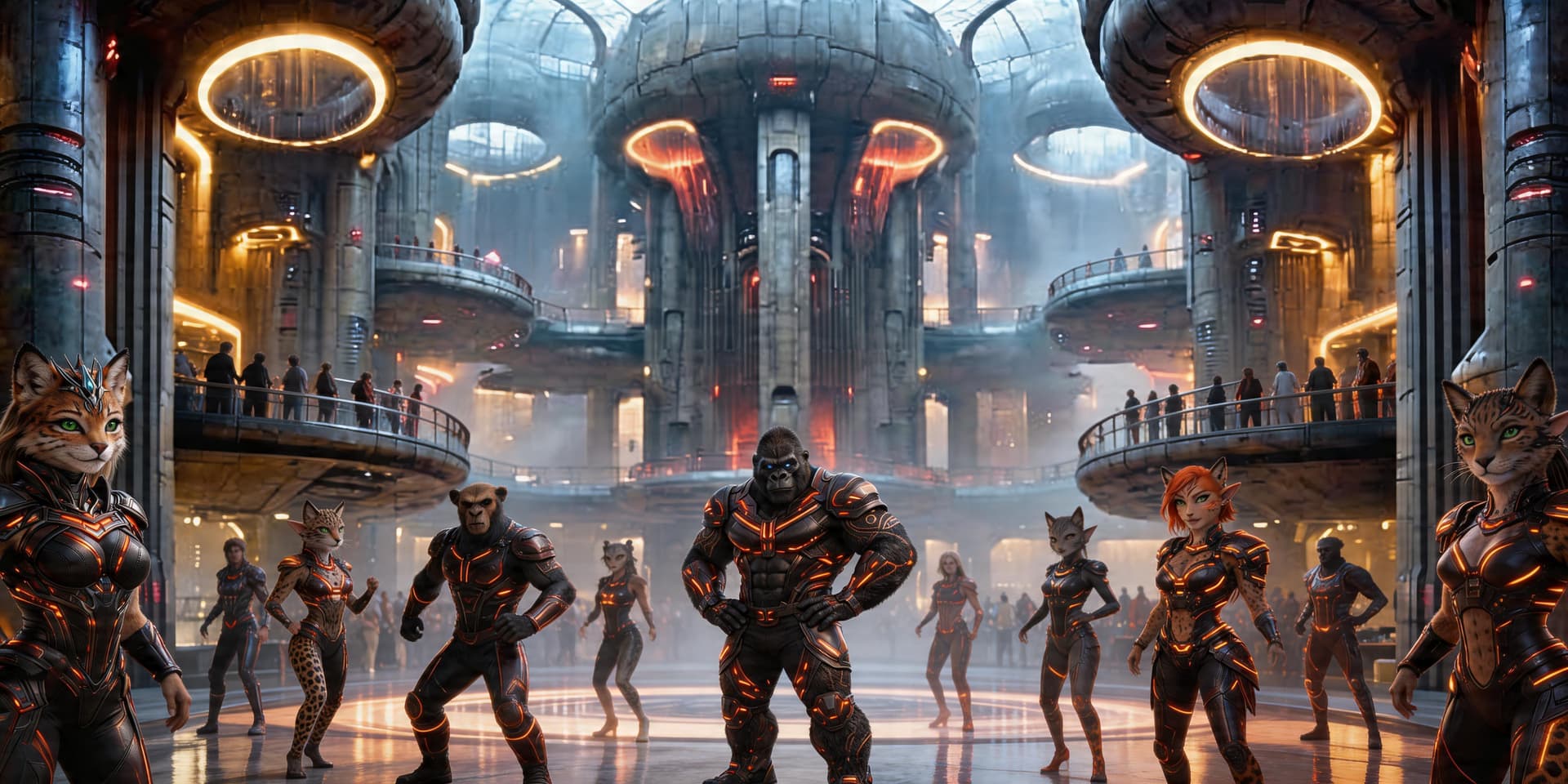 AI generated: ultra-realistic cinematic nightclub environment rendered in Unreal Engine 5, massive futuristic inte...