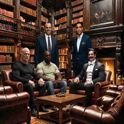 AI generated video: Preserve the grand library chamber in warm stillness. No camera movement. 

At opening: 

All seated...