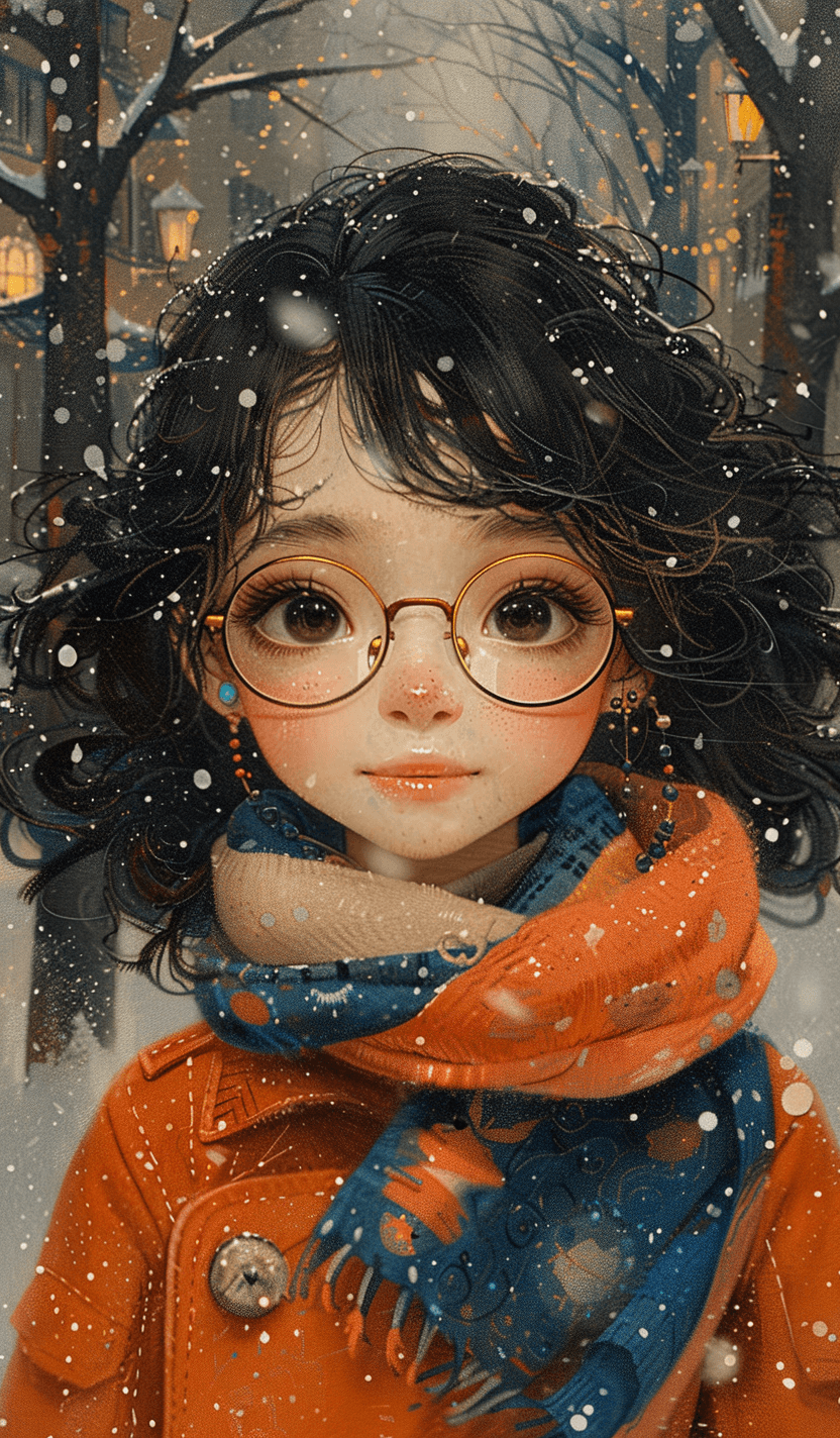AI generated: Cute little girl with black curly hair, wearing glasses and an orange coat, standing on the street i...