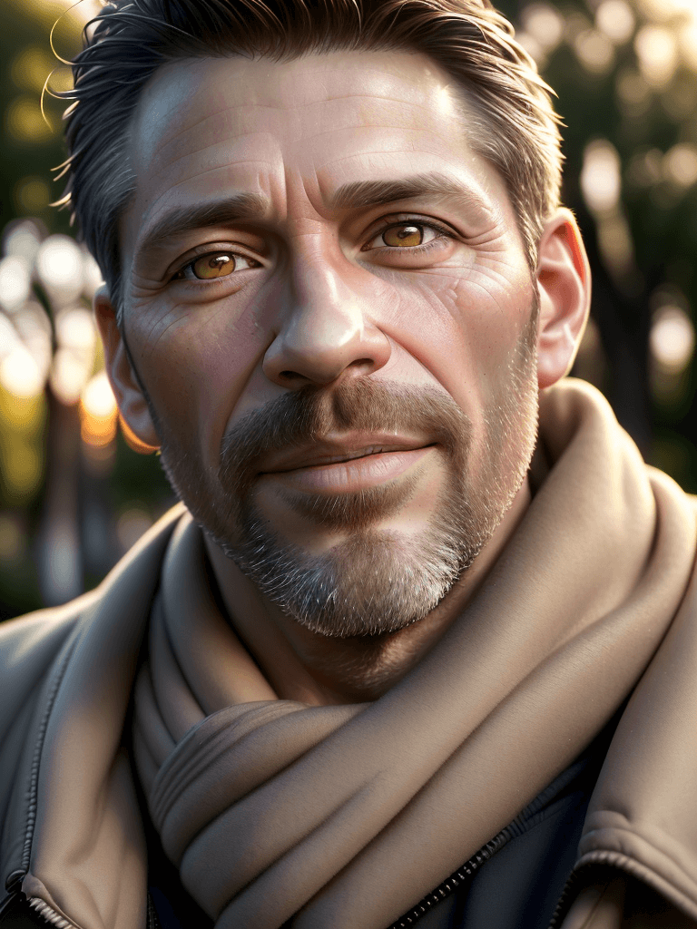 AI generated: "Hyper-realistic detailed portrait of a 40 yo man, in a warm urban park setting during a sunset. Emp...