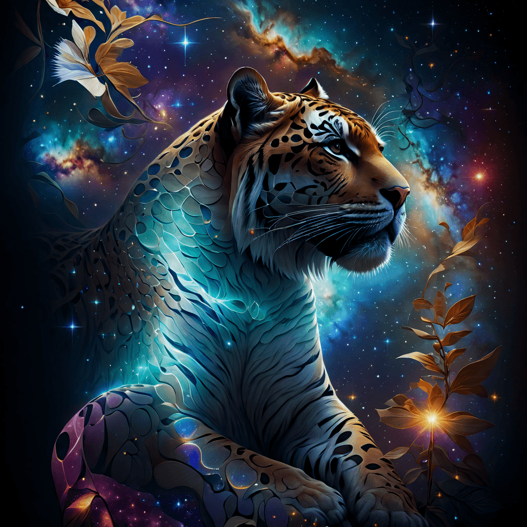 AI generated: The image features an art painting of tiger sitting in a cosmic setting, surrounded by a starry back...