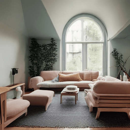 AI generated: High resolution photography interior design, dreamy sunken living room conversation pit, wooden floo...
