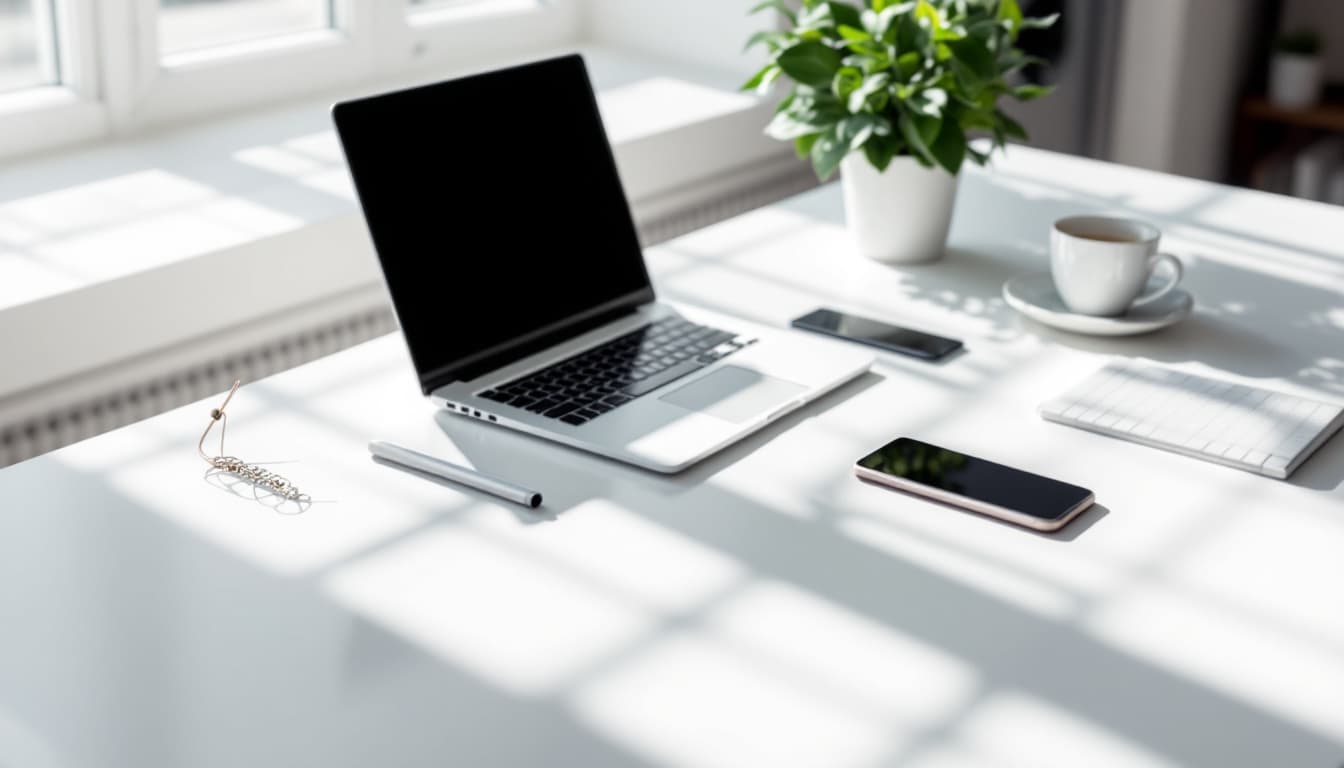 AI generated: A sleek, minimalist office workspace bathed in natural sunlight, featuring a modern desk setup with ...
