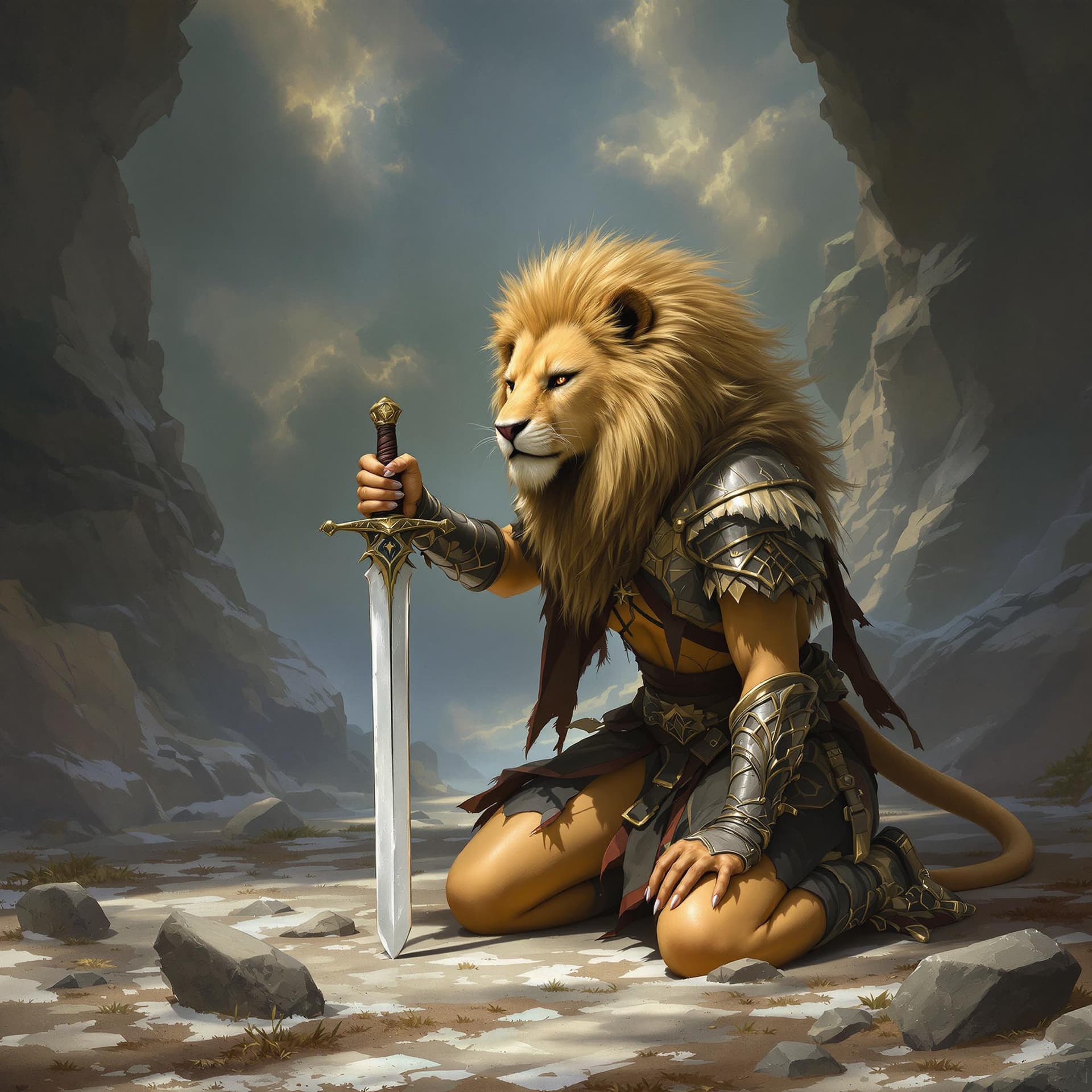 AI generated: a girl with a lioness's head, dressed as a warrior, with a sword in her hand, kneeling in a fantasy ...