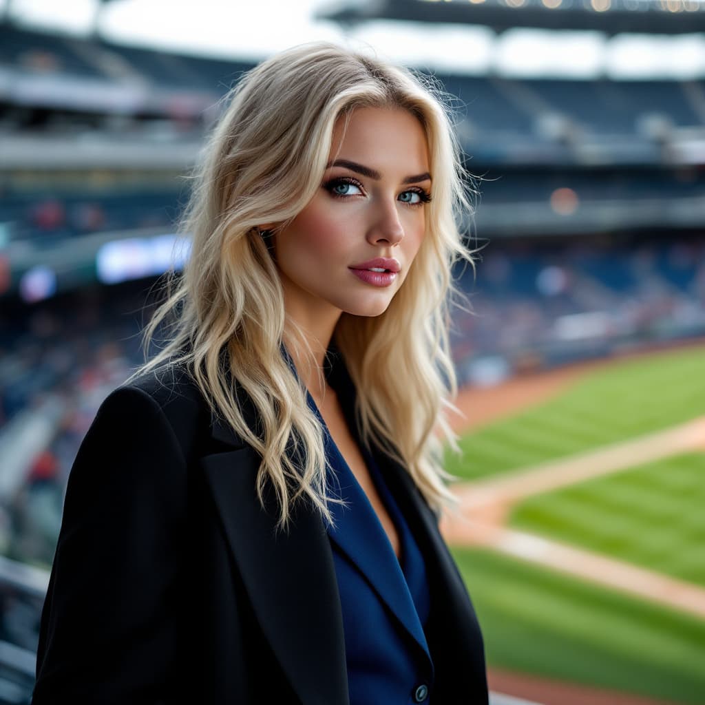 AI generated: A highly attractive blonde woman who is standing on a baseball stadium. She is wearing  blue suit an...