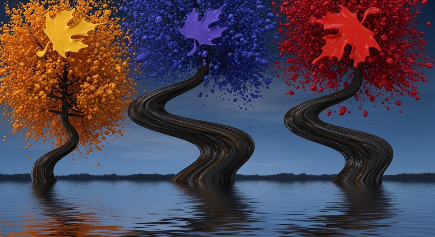 AI generated:   une abstraction  sur un canvas liquide d ,un  paysage aux couleurs d,automne 3d  avec des arbres  ...