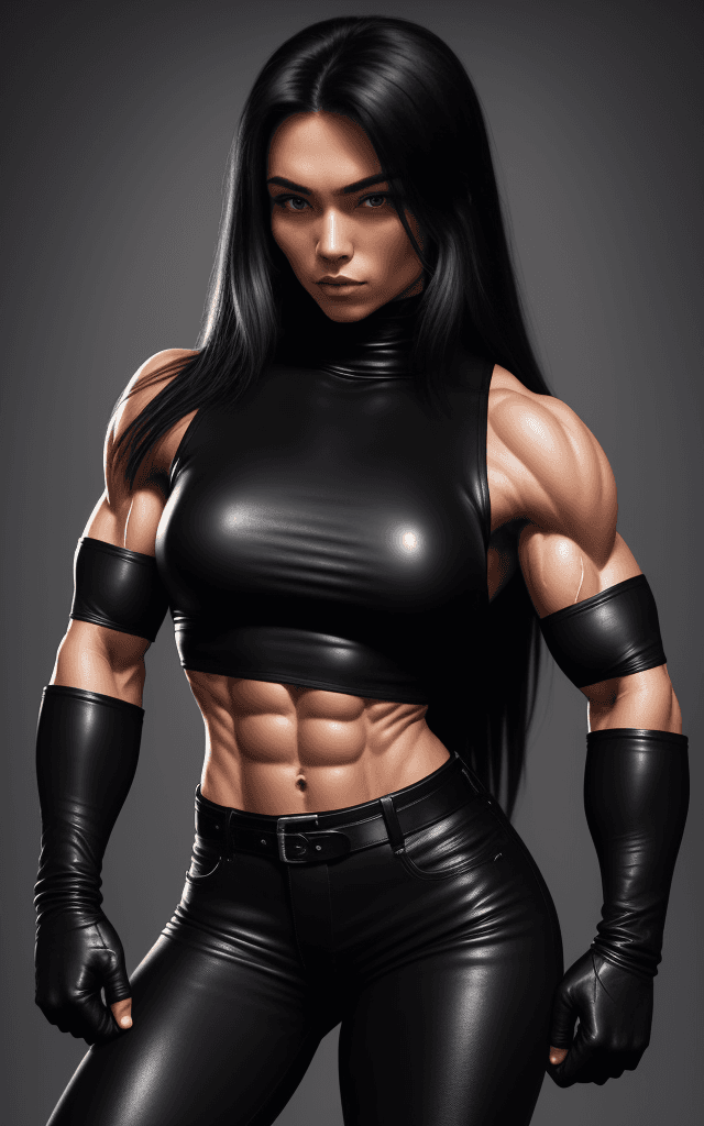 AI generated: 20 year old strong muscular woman, six pack,  toned biceps, long black hair, wears black Leather pan...