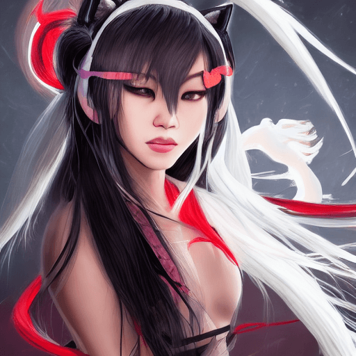 AI generated: Asian girl, Sith Lord, with flowing white hair and cat ears, in a hyper-detailed, dynamic pose. Crea...