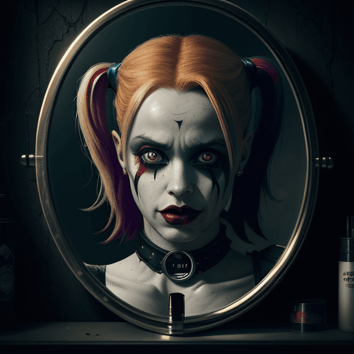 AI generated: The Harley-Quinn, a villain from the Batman film series, looks at himself in a broken mirror, in the...
