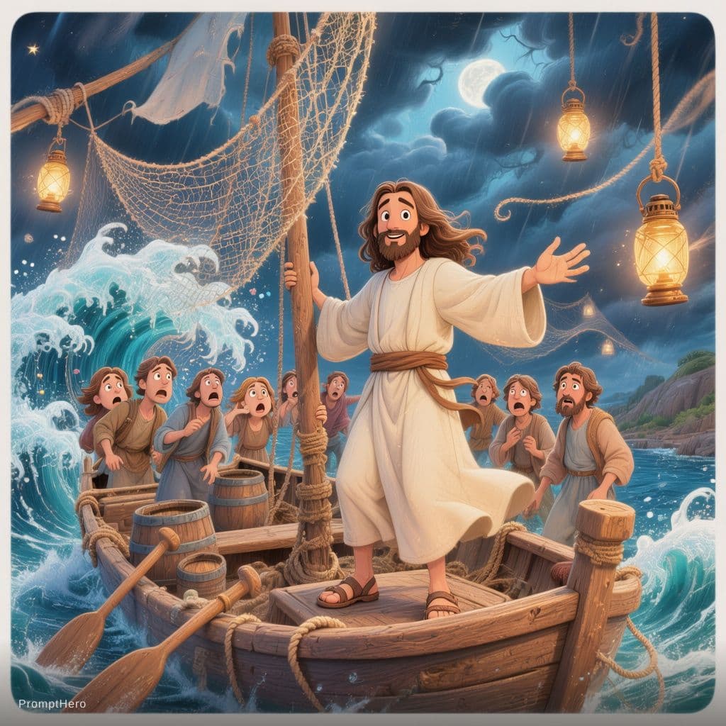 AI generated: Highly detailed whimsical 2D cartoon children’s Bible storybook cover illustration, A4 portrait size...