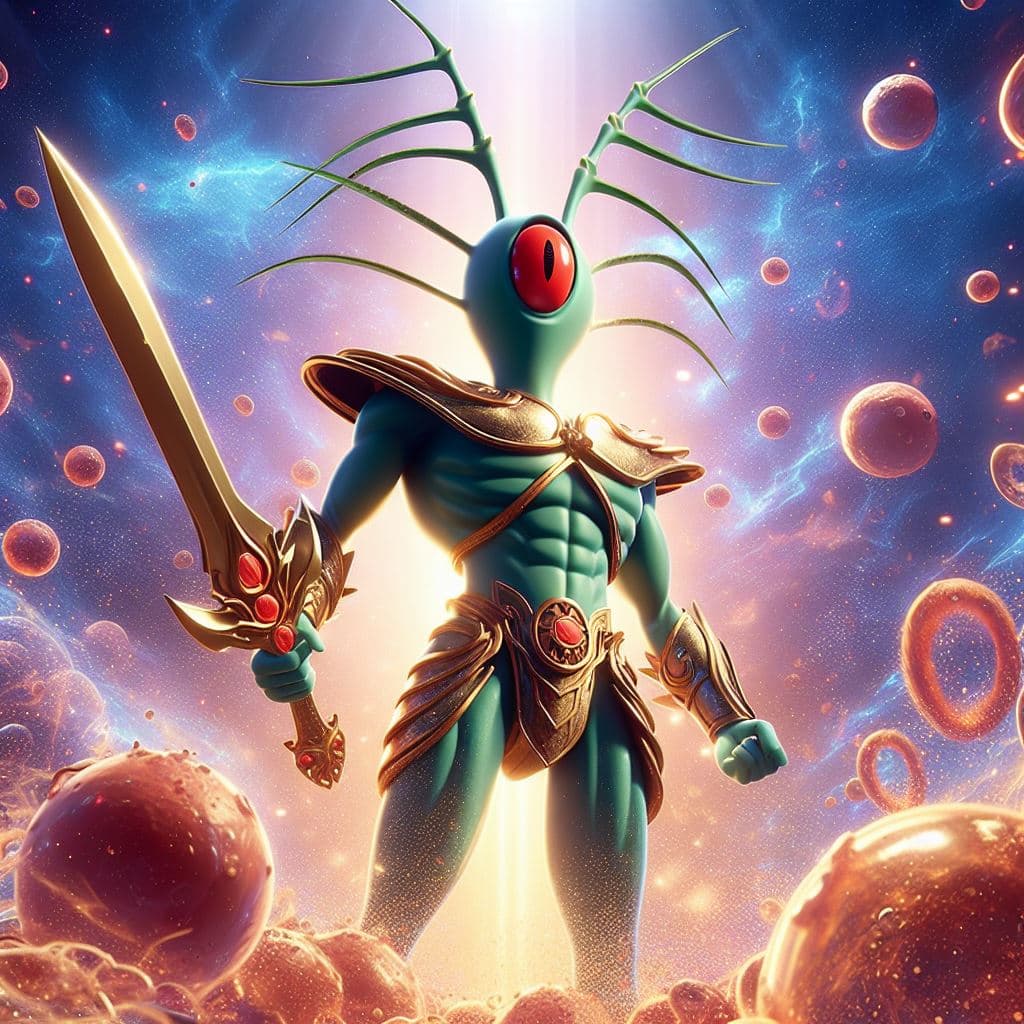 AI generated: plancton is the mightiest god with a sword, red eyes, heroic pose, divine and celestial light, maste...
