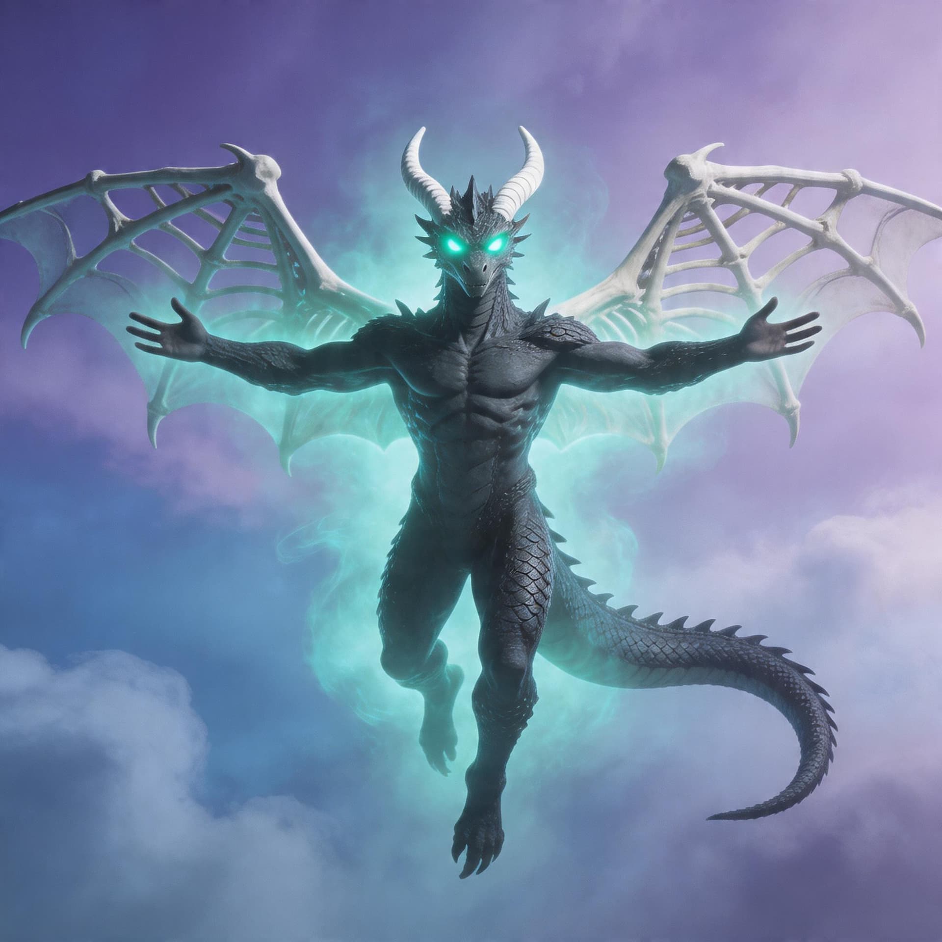 AI generated: create a humanoid Dragon with bone wings and glowing teal eyes and white horns with a dragon tail fl...