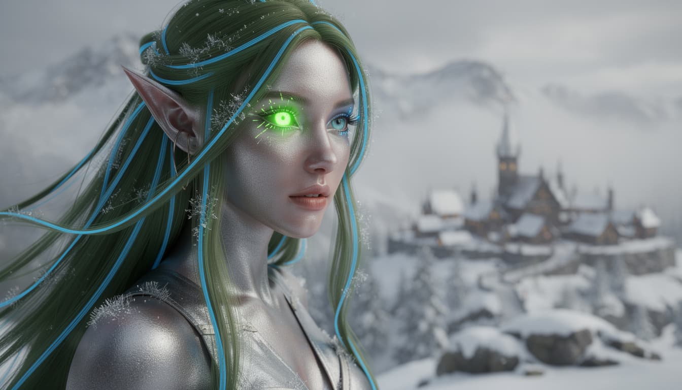 AI generated: ultra realistic close up shot of an elven woman elf ears. one eye is neon green shining and the othe...