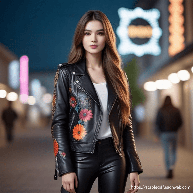 AI generated: Bright long hair remains a distinctive feature ,full body, while her outfit shows off her artistic s...