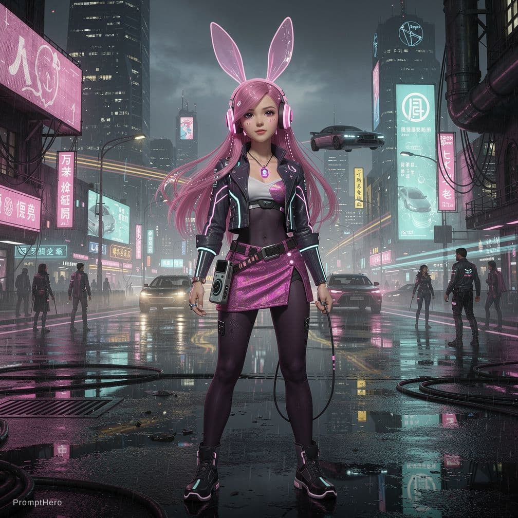 AI generated: A futuristic cyberpunk girl with a full-body reveal, posing in a dystopian cityscape, her long, flow...