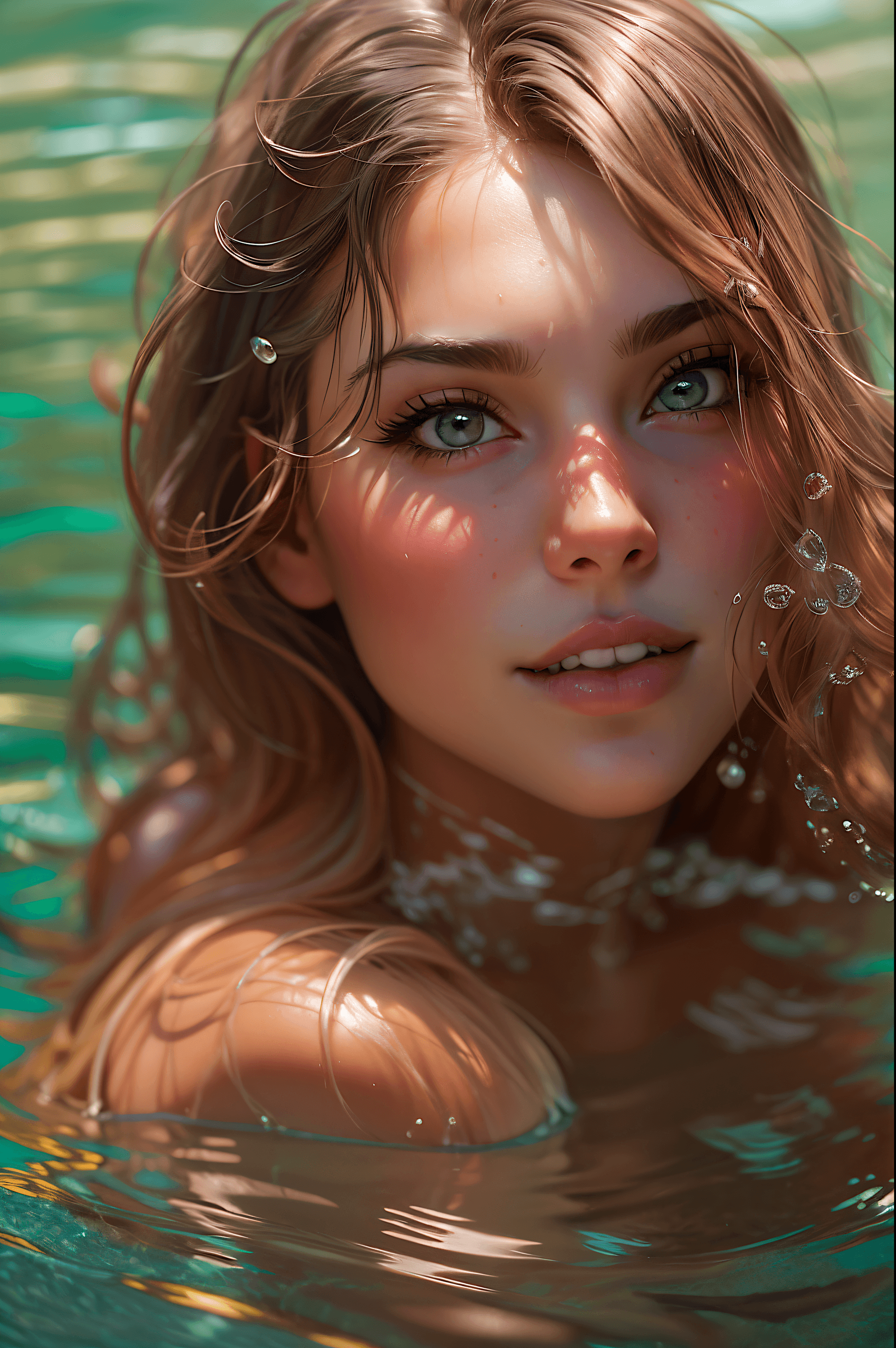 AI generated: Cute girl with long light brown hair, wet skin, Portrait photography by Art Germ, hyper realism, she...