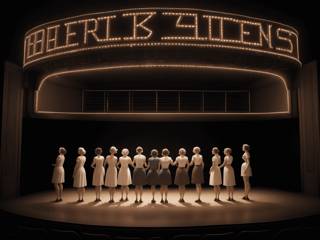 AI generated: a white sign standing on a small old theater stage, 8 women form the 1950s standing and looking at t...