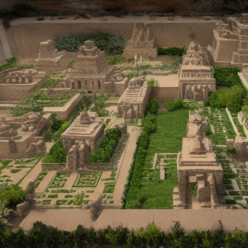 AI generated: ancient babylon, hanging gardens, cinematic, hyperrealistic, epic, view from above
