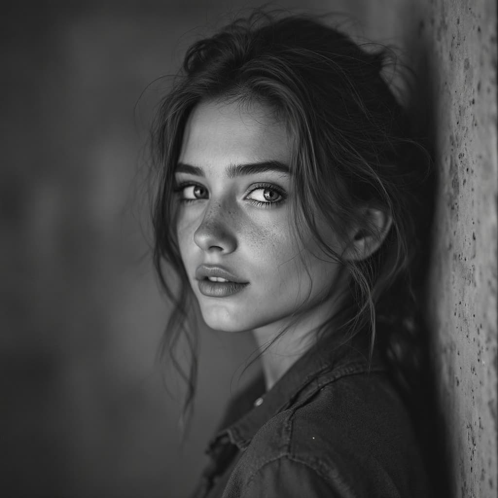 AI generated: 22 years old girl portrait black and white picture looking at you little on left of her side