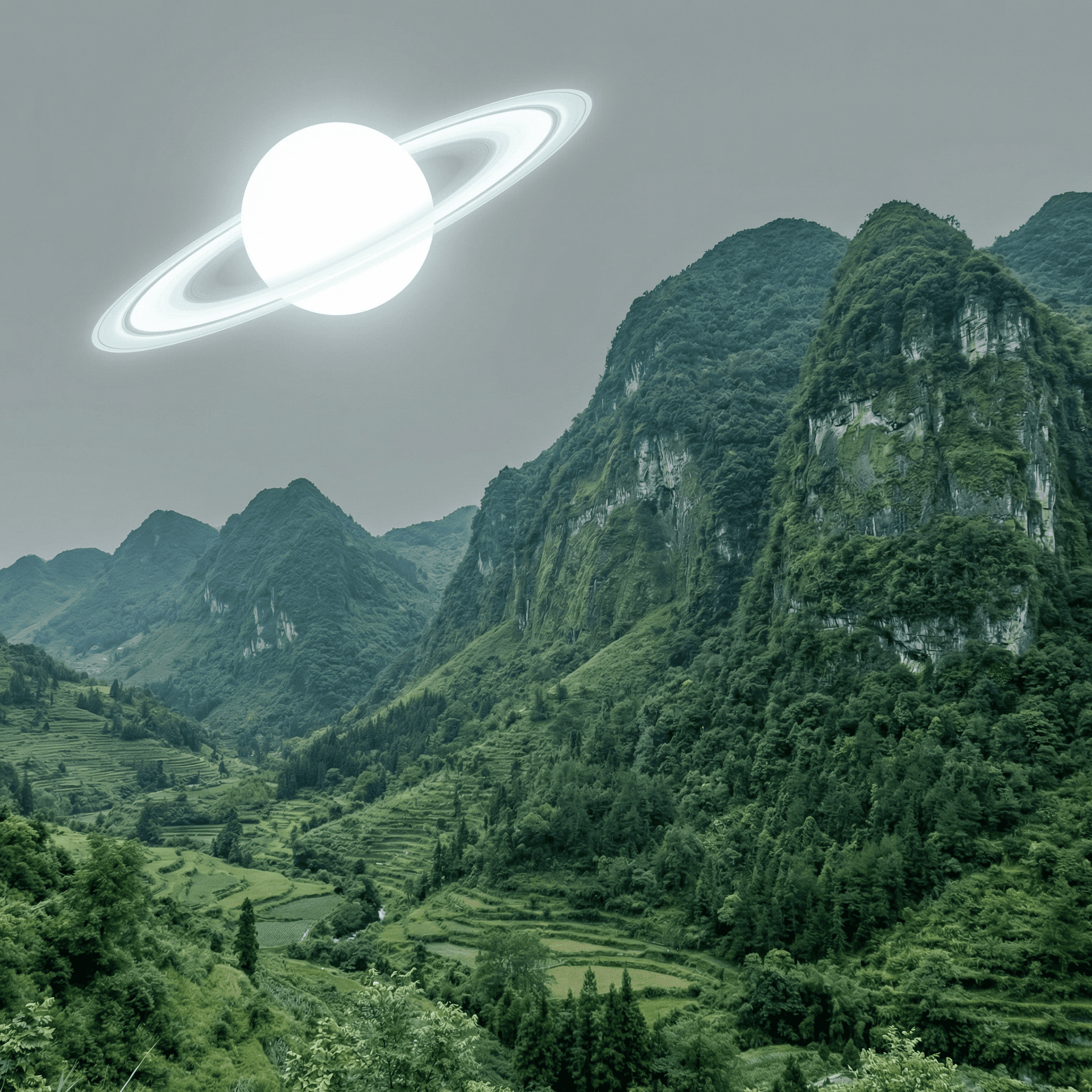 AI generated: a scenic landscape with valleys and really tall mountains covered in lush green but the sky has a mo...