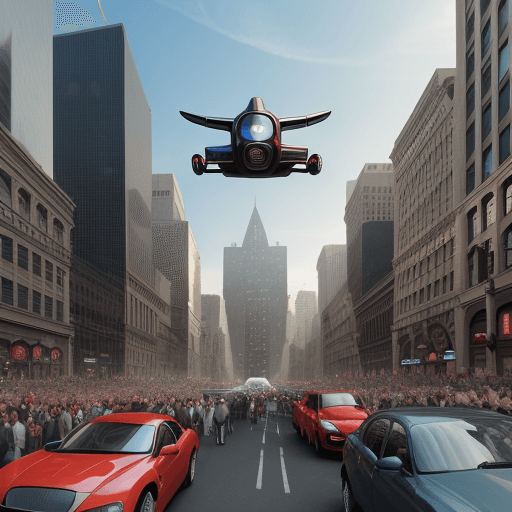 AI generated: a car flying in  a crowd buildings 
metropolis
