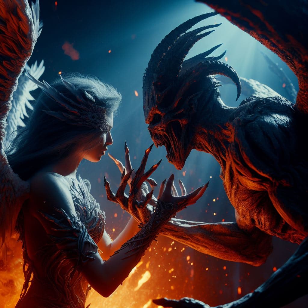 AI generated: conflict scenes between an angel and a demon,in a fantasy world,very inspired by H.R.Giger and Guill...