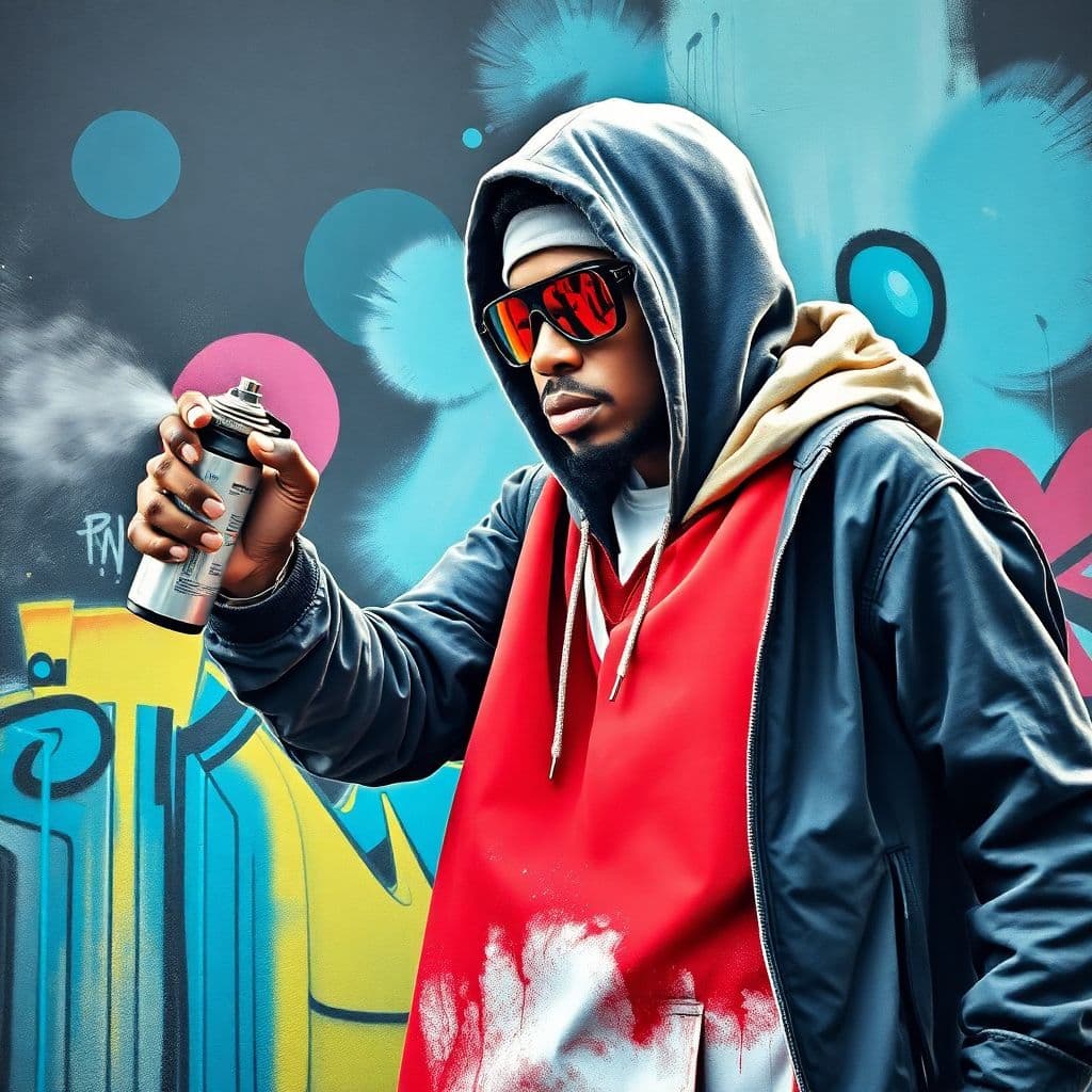 AI generated: Hip Hop Aerosol Art, Spray Paint, Dynamische Formen, Urban, Portrait eines Hip-Hop-Künstlers in Akti...