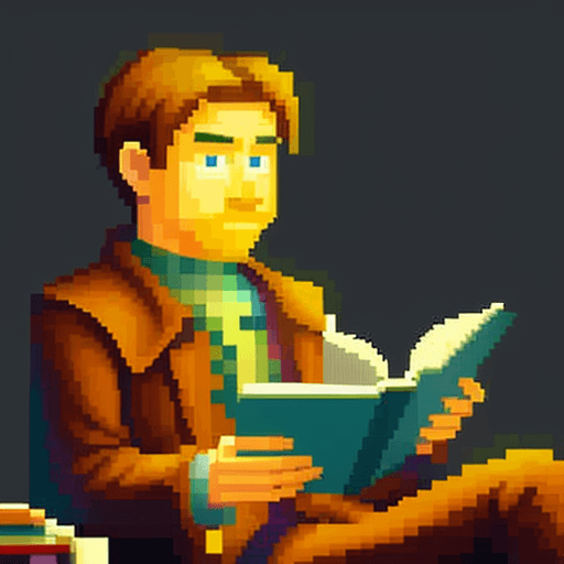 AI generated: reading book with man,pixel art