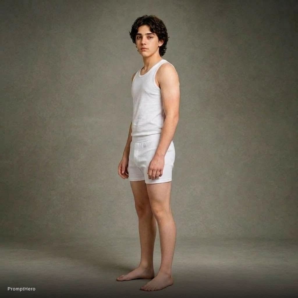 AI generated: His body is turned slightly to the right and he is looking at the camera.
Smooth skin on the legs. S...