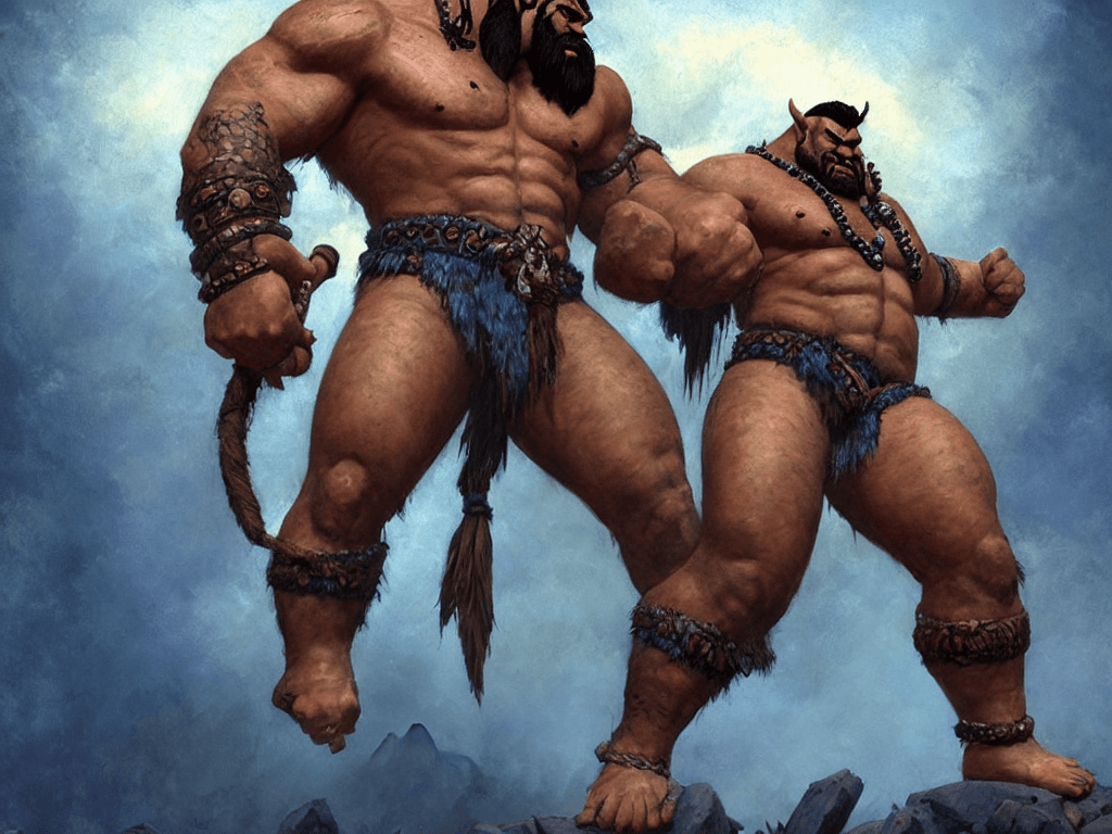 AI generated: tattooed, muscled sweaty shirtless half - orc barbarian champion with a full dark beard, visibly thi...