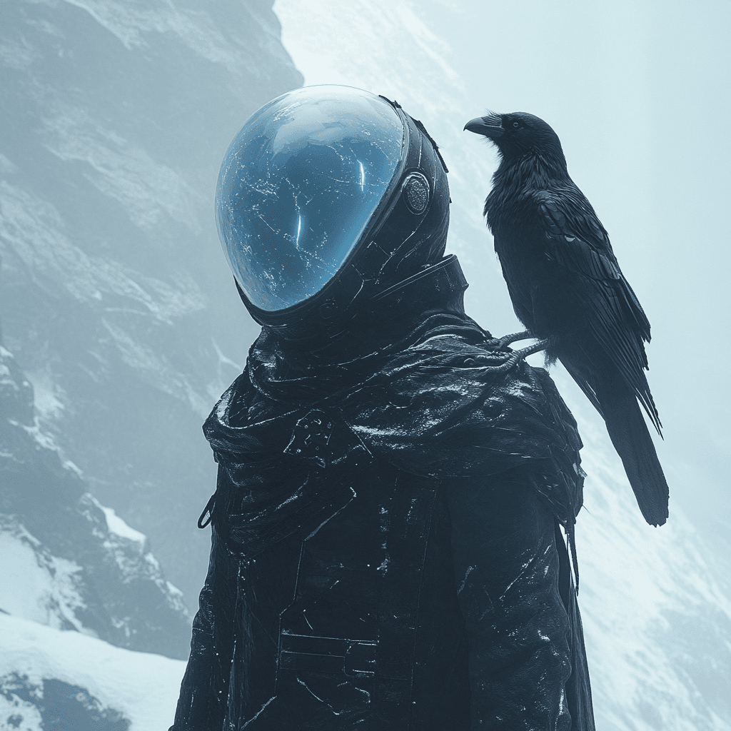 AI generated: A mysterious astronaut stands shrouded in a delicate, translucent veil of frost. Their pale, almost ...