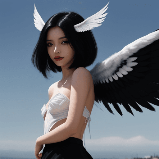 AI generated: Fallen angel girl, black hair, wing expansion