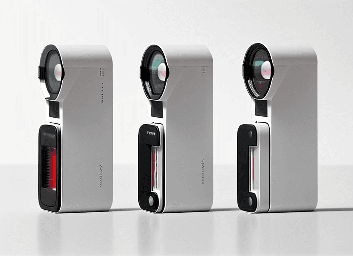 AI generated: Three very different slim cameras, arranged in a line on a white surface, front view, front elevatio...