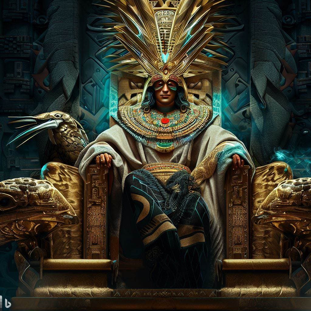 AI generated: sci-fi futuristic king wearing robe sitting on this throne with quetzalcoatl like gold and jade mask...