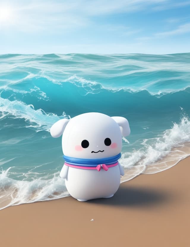 AI generated: Animation 3D a Marshmallow character so cute go to the beach, enjoy wave in the sea , cry water melt...